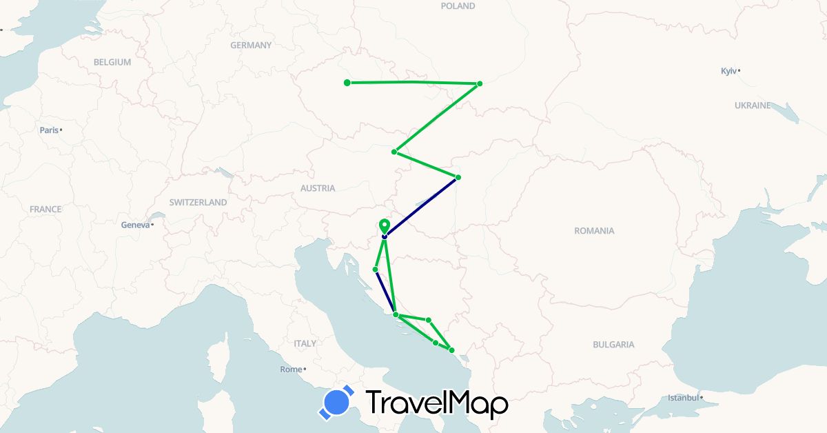 TravelMap itinerary: driving, bus in Austria, Bosnia and Herzegovina, Czech Republic, Croatia, Hungary, Montenegro, Poland (Europe)